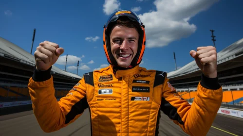 Young Male Racing Driver Celebrating Victory on Racetrack