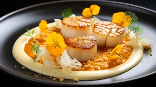 Seared Scallops on Black Plate with Cauliflower and Carrot Puree