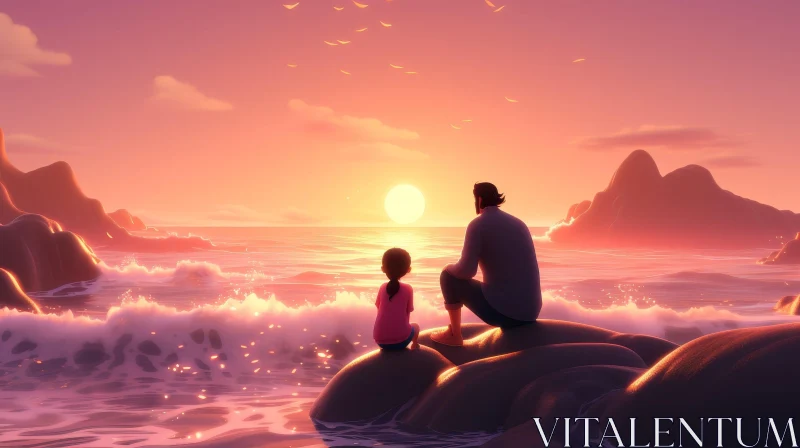 AI ART Tranquil Sunset Over Ocean with Father and Daughter