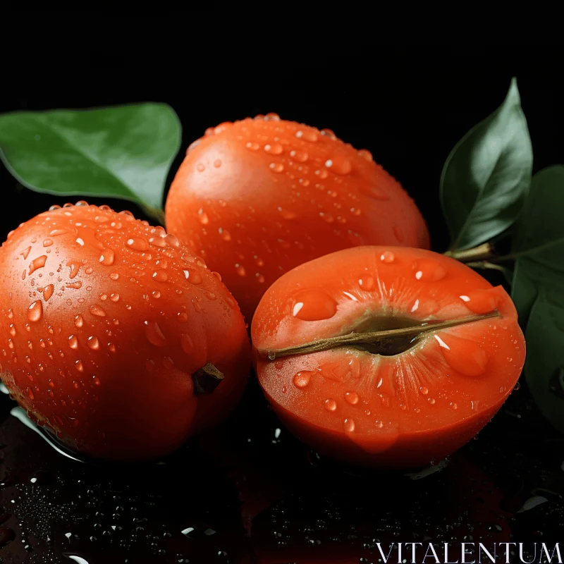 Vibrant Orange Fruits on Black Surface with Leaves - Artistic Composition AI Image