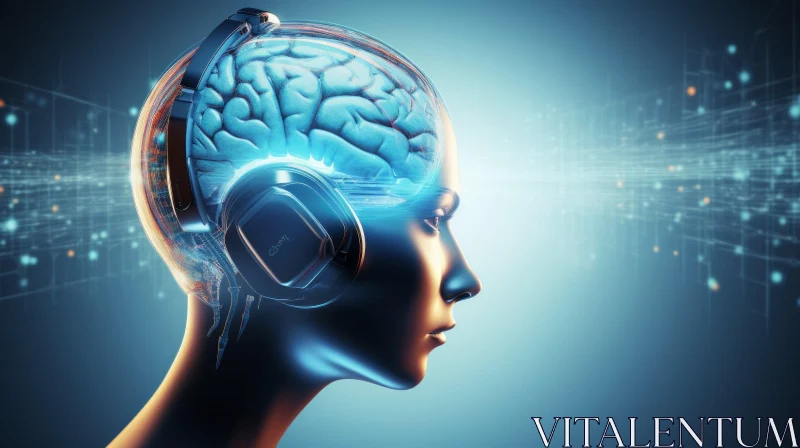 AI ART Futuristic 3D Illustration of Female Head with Glowing Brain and Headphones