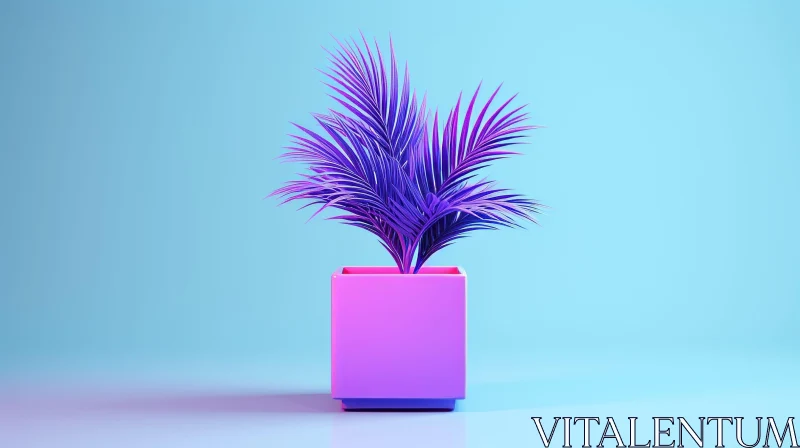 Serene Pink Pot with Purple Palm Leaves on Blue Background AI Image