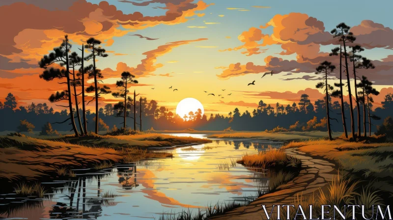 AI ART Tranquil Forest and River Sunset Scene