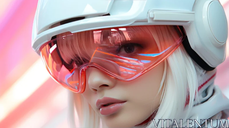 Young Woman in White Futuristic Helmet with Red Visor AI Image