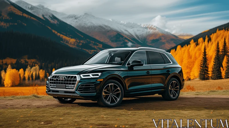 Black Audi Q7 Parked Next to Mountains in Autumn | Timeless Artistry AI Image