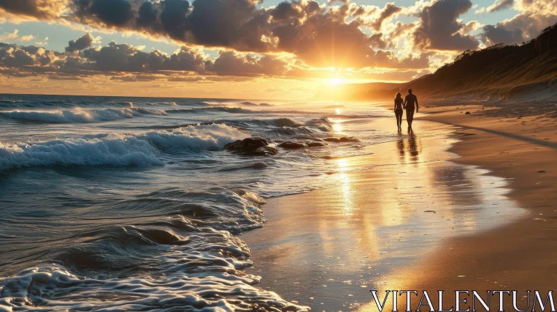 Tranquil Sunset Over Ocean with Couple Walking on Beach AI Image