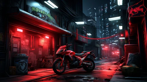 Sleek Red Motorcycle in Dark Alley