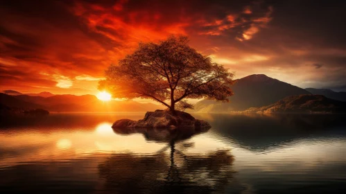 Tranquil Sunset: Majestic Tree Reflection in Lake