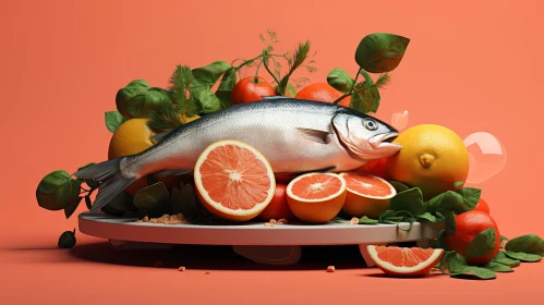 Realistic 3D Rendering of Salmon Fish and Citrus Fruits