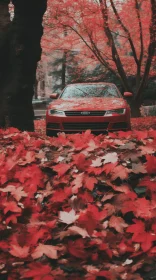 Serene Red Car Parked Amongst Vibrant Autumn Leaves - Fawncore Aesthetic