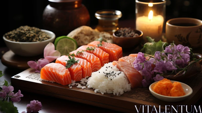 Delicious Sushi and Sashimi Variety on Wooden Plate AI Image