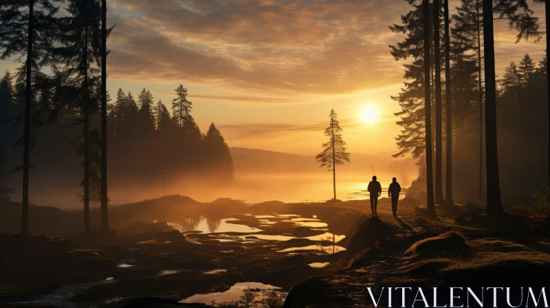 Tranquil Forest Lake Sunset Scene AI Image