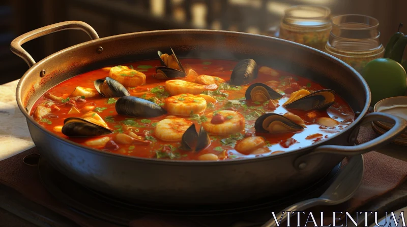 Delicious Seafood Soup: Recipe with Shrimp, Mussels, Scallops, and Vegetables AI Image