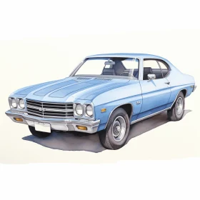Blue Muscle Car Illustration | Realistic Watercolor | Iconic American Design