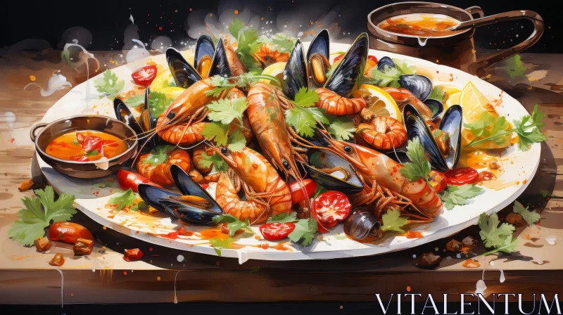 Delicious Seafood Still Life on Wooden Table AI Image
