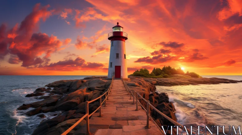Scenic Lighthouse at Sunset on Rocky Coast AI Image
