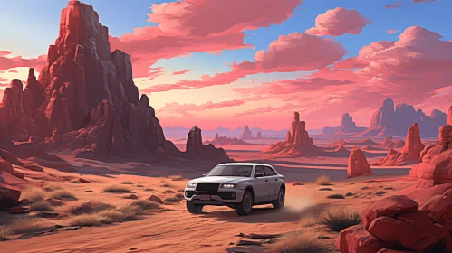Pixel Art Desert Landscape: Rugged SUV Traversing a Sunset Desert