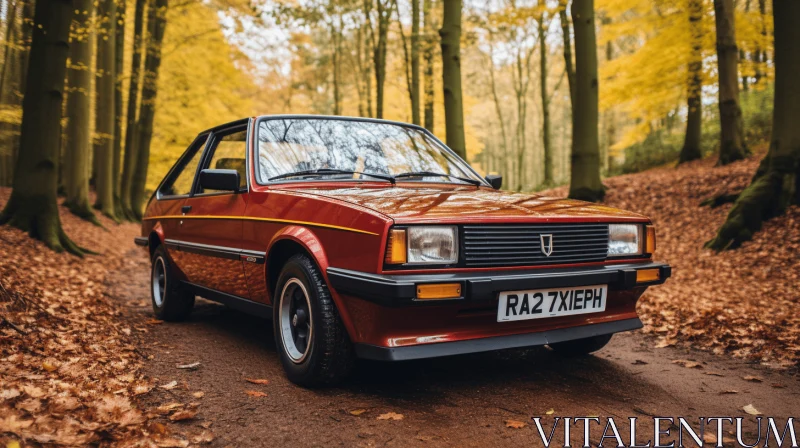 Red Car Driving through Forest Path in English Countryside