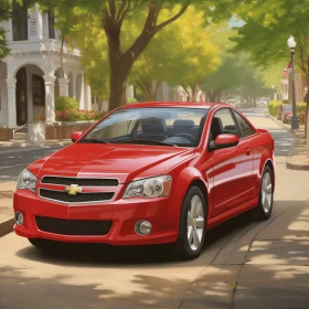 Vibrant Red Chevrolet Car on City Street | Digital Airbrushing Art