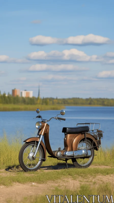 AI ART Brown Motorcycle Parked on Grass near Water | Rationalist Chic Style