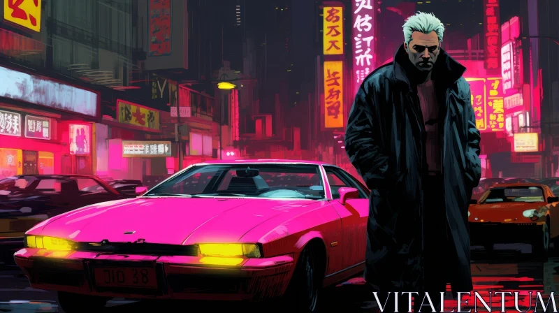 Dark Film Noir Street Scene with Pink Car AI Image