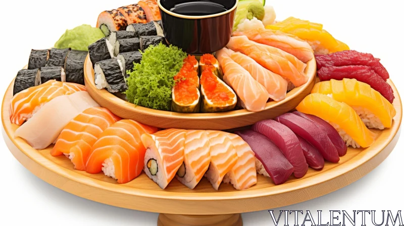 AI ART Delicious Sushi and Sashimi Variety on Wooden Plate