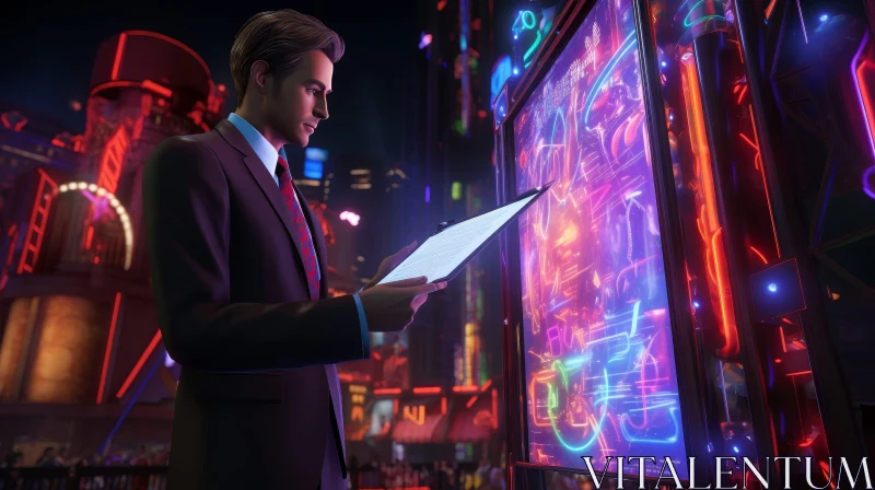 Digital Billboard in City: Man in Suit with Tablet AI Image