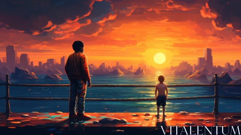 Father and Son Sunset Pier Painting AI Image