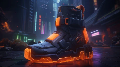 Futuristic Black and Orange Boot in Urban Night Setting AI Image