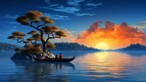 Tranquil Lake and Forest Scene at Sunset