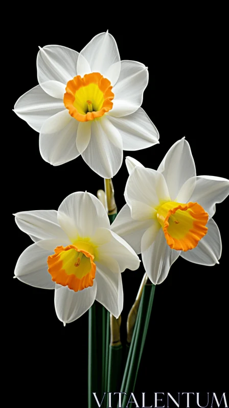 White Daffodils with Orange Center on Black Background AI Image