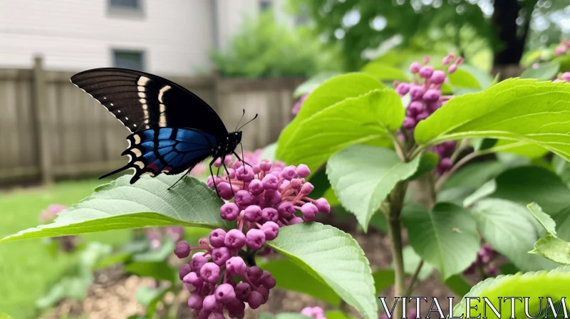 Blue Swallowtail Butterfly on Purple Lilac: A Suburban Gothic Perspective AI Image