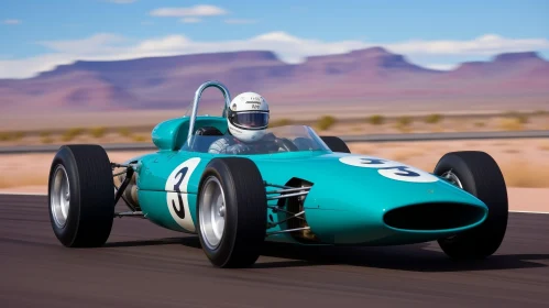 Vintage Blue and White Race Car Speeding in Desert Track