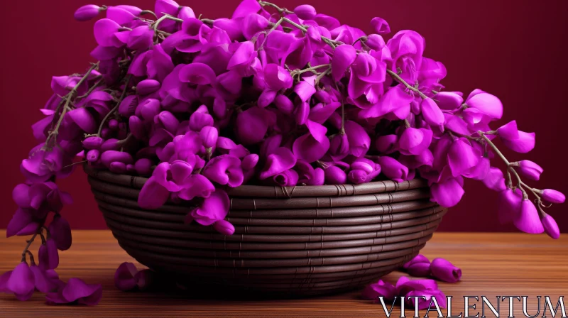Exotic Floral Display: Purple Flowers in Wooden Bowl AI Image