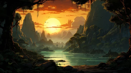 Tranquil Jungle River Sunset Scene