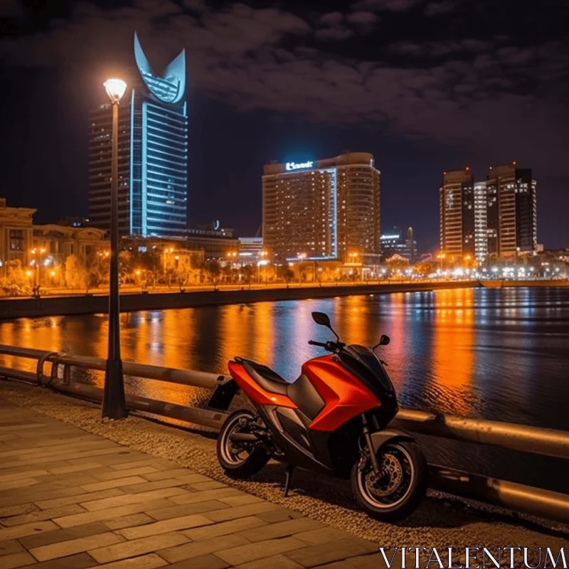 Captivating Nighttime Cityscape with Motorcycle by Water AI Image