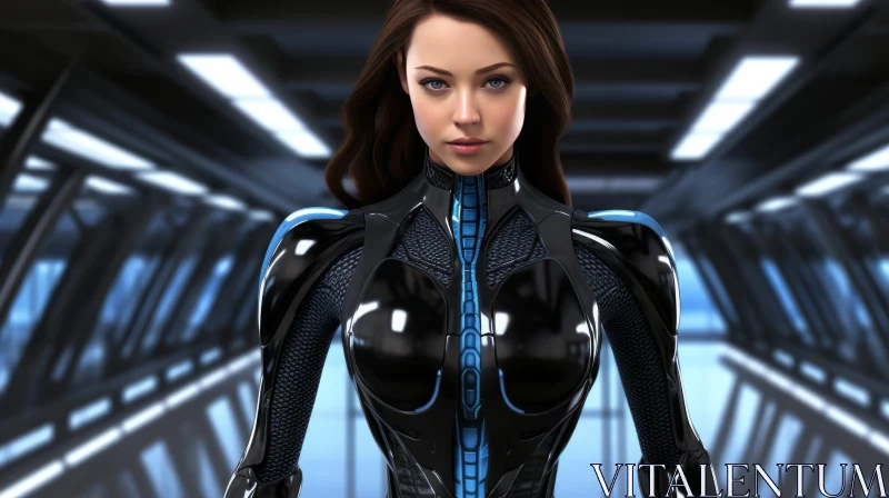 Futuristic Woman in Black and Blue Bodysuit AI Image