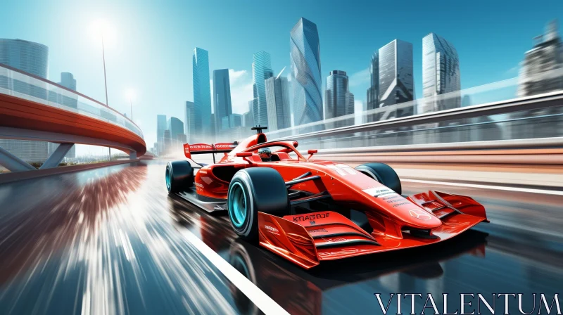 Red Formula 1 Race Car Speeding Through City Streets AI Image