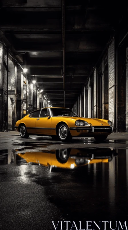 Gleaming Vintage Yellow Car in Dimly Lit Interior | Artistic Photography AI Image