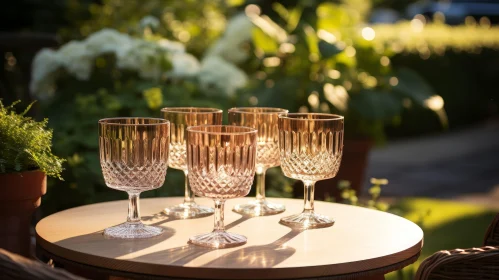 Golden Hued Crystal Wine Glasses on Wooden Table in Garden Setting
