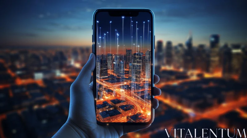 AI ART Hand holding smartphone with 3D city model
