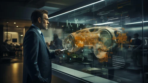 Innovative Technology: Man in Suit Examining 3D Car Model on Transparent Display