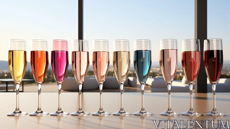 Rainbow Champagne Glasses on Cityscape Background AI Image