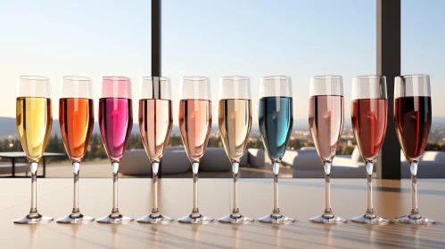 Rainbow Champagne Glasses on Cityscape Background