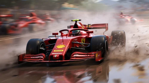 Speeding Formula 1 Car on Wet Track