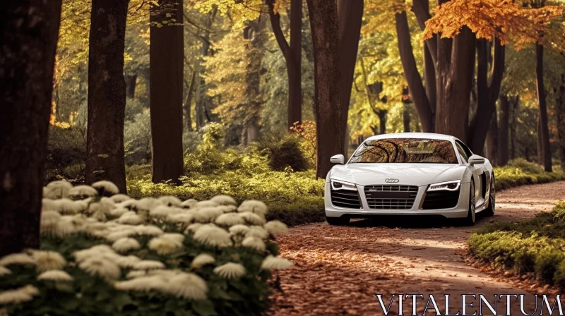 Luxurious White Audi Driving through Autumn Streets AI Image