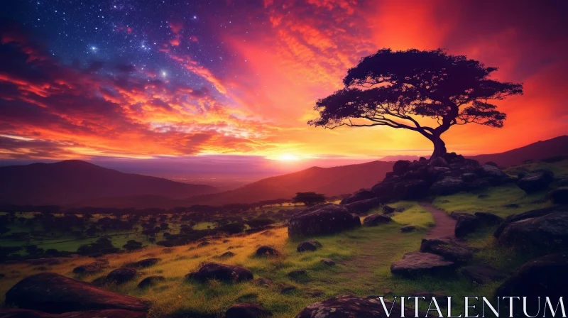 Tranquil Sunset Tree Landscape AI Image