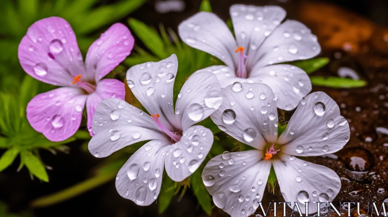 Monochromatic Harmony: Rain-kissed Flowers Amidst Greenery AI Image