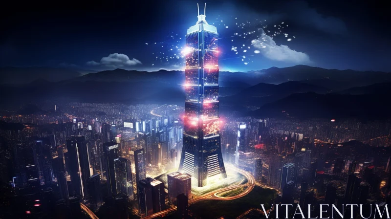 Night View of Futuristic City with Tall Skyscraper AI Image