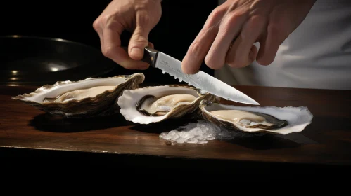 Oyster Shucking on Wooden Table